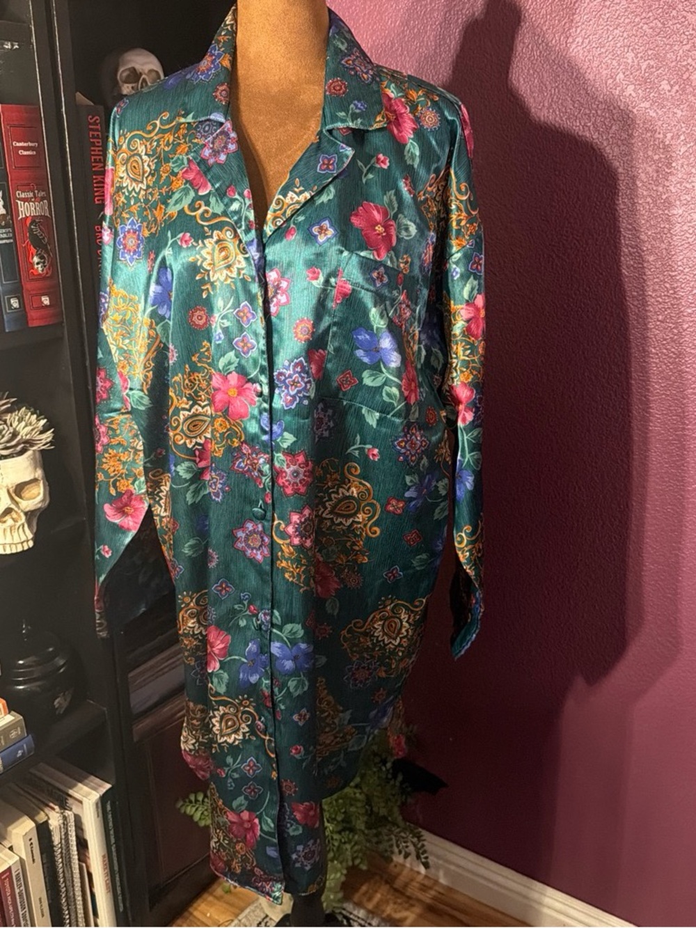 Vintage Satiny Floral Long Button-Down Sleep Shirt - Teal Green- dark academia